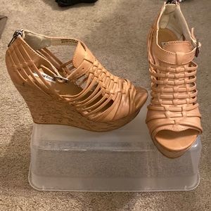 Size 7 Cute wedge heels light tan with cock heel. Not Rated Brand